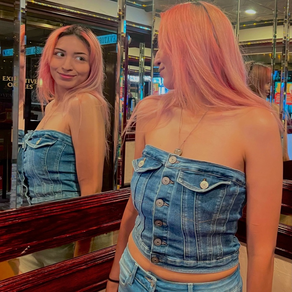 denim button tube top